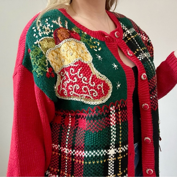 Vintage Chunky Knit Mixed Media Christmas Cardigan Sweater - Picture 4 of 16